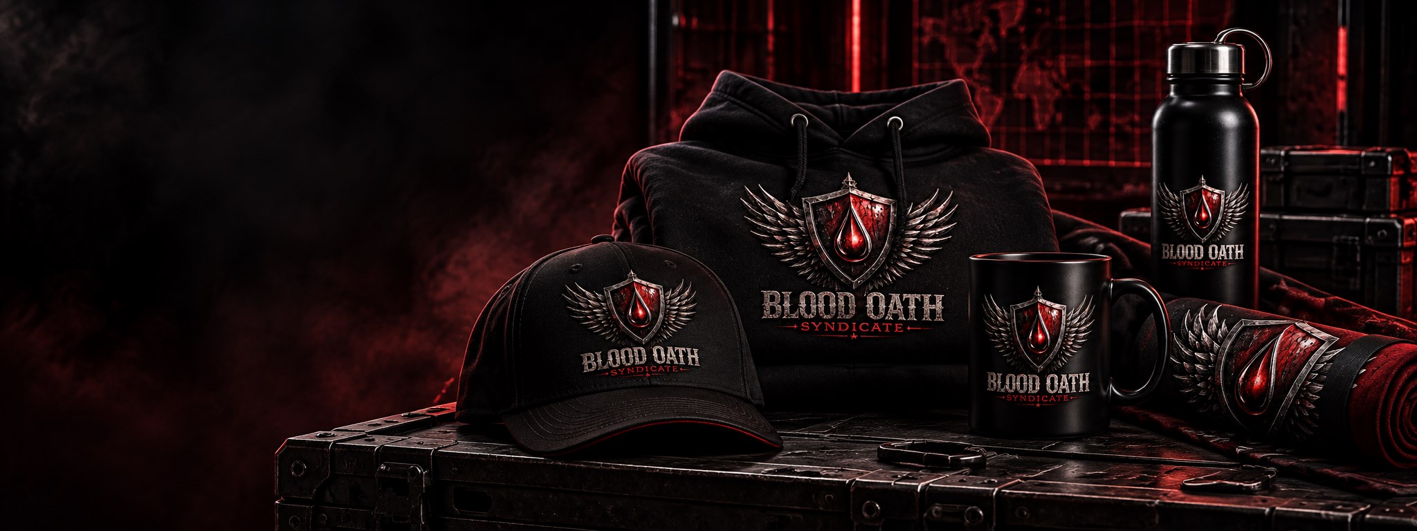 Blood Oath Syndicate hoodie, cap, mug, bottle, and flag